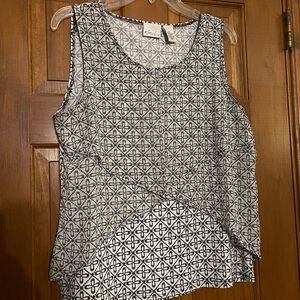Kim Rogers Black and White Patterned Sleeveless Blouse with Gray Overlay, Size M